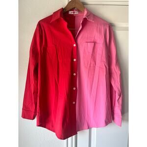 Buddy Love Pink/Red Colorblock Button Up Pocket Blouse Valentines | Size Medium